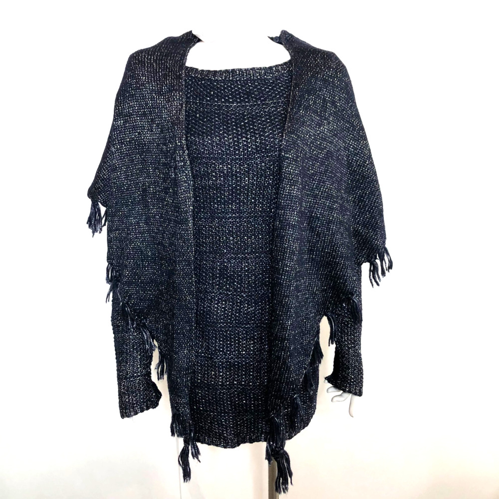 White House Black Market NEW LG with Shawl Scarf Boat Sweater Blue Metallic